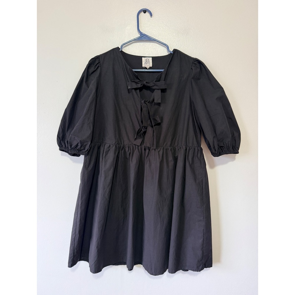 dRA Los Angeles Black Cotton Bow Front Puff Sleeve Babydoll Mini Dress S DS1556A